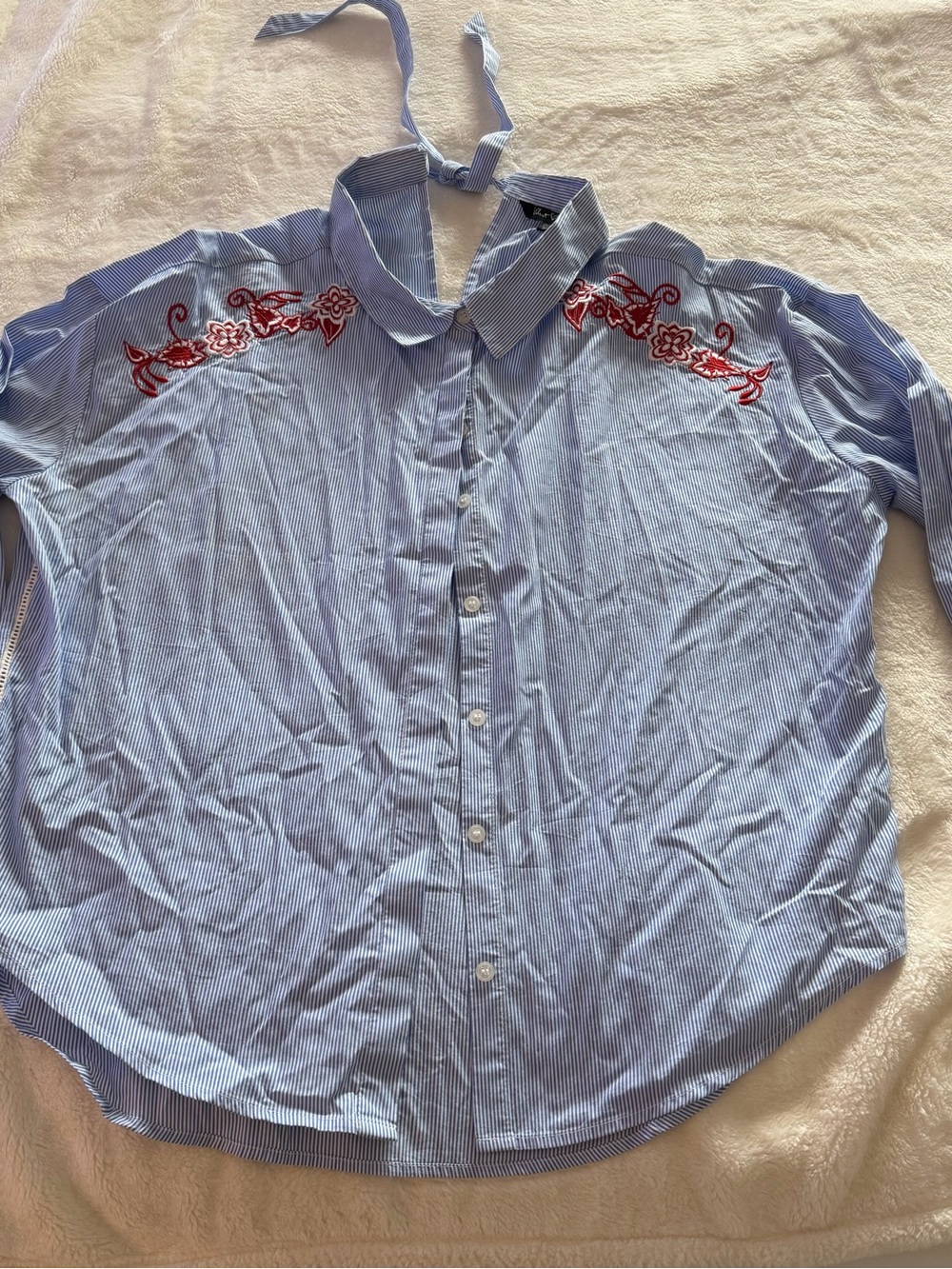 Velvet Heart Light Blue Pinstripe Button-Down Shirt with Red Floral Embroidery